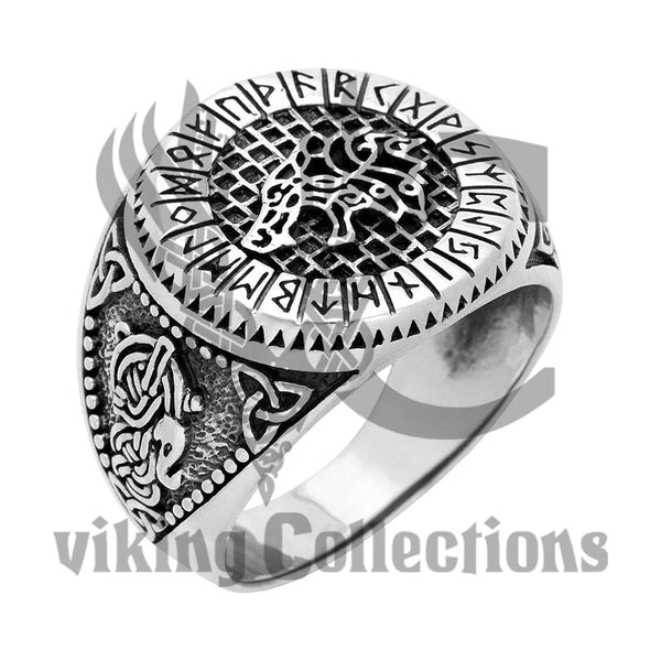 925 Sterling Silver viking wolf and norse runes ring