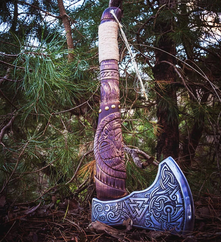 "Raven Celtic Valknut" Viking Axe