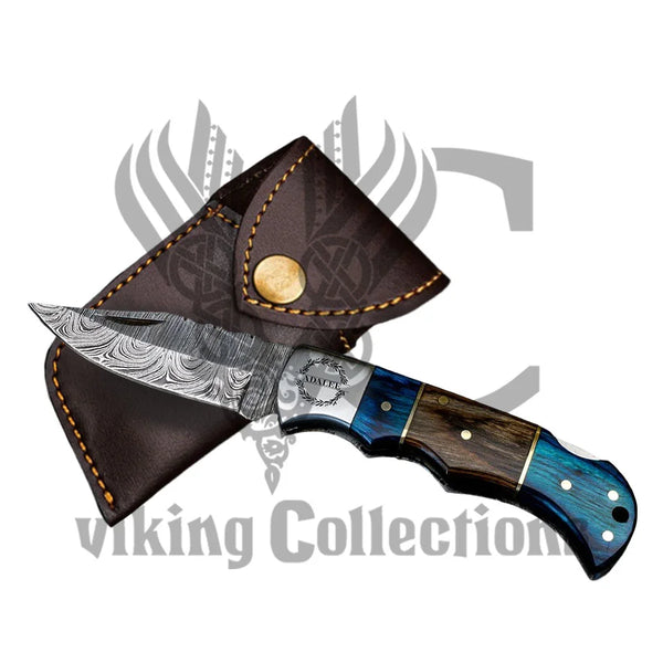 Blue Brown Pakka Wood Handle Folding Knife