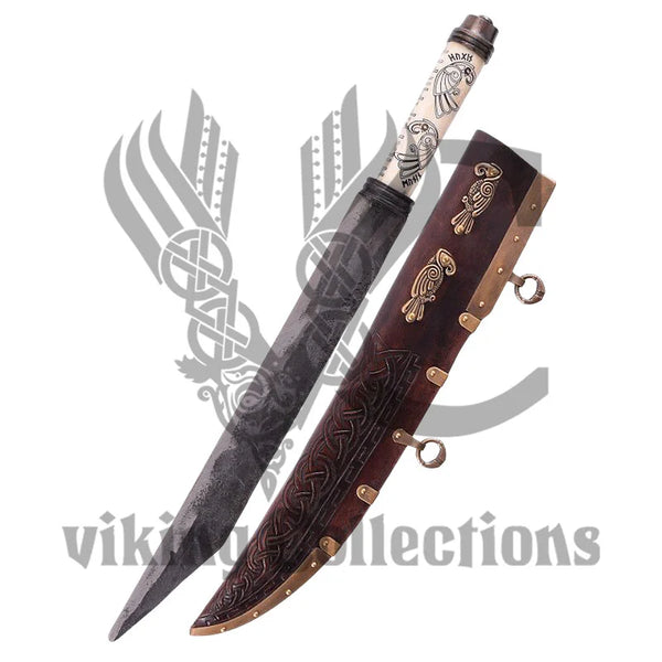 Bone Grip W/Norse Ravens Hugin & Munin Seax