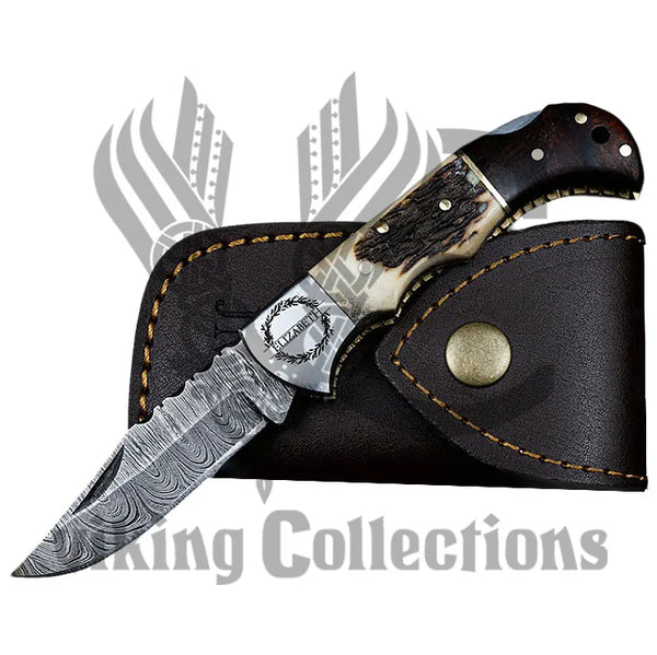 Damascus Pocket Folding Knife with sheath