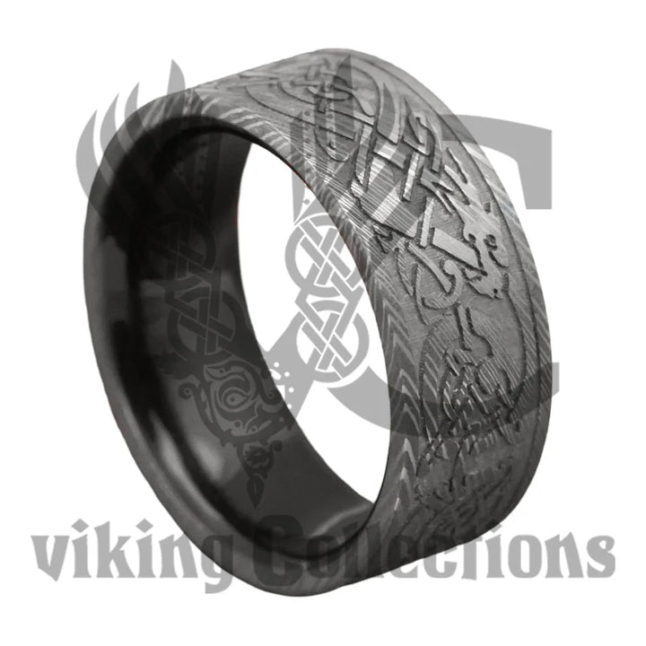 Damascus Steel Celtic Dragon Ring with Wood Sleeve