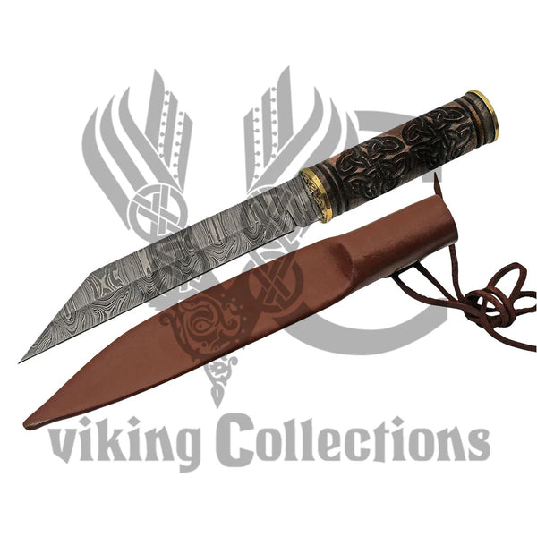 Engraved Celtic Handle Damascus Steel Seax