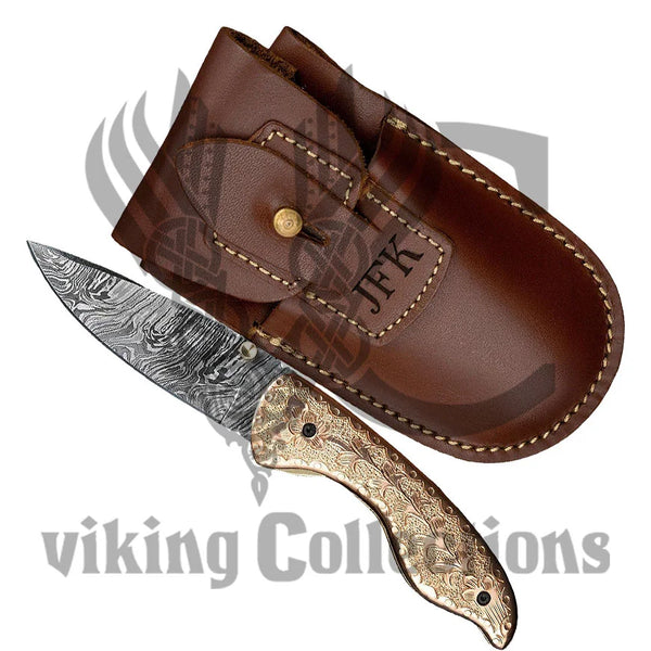 Hand Forged Engraved Copper Handle Folding Knife